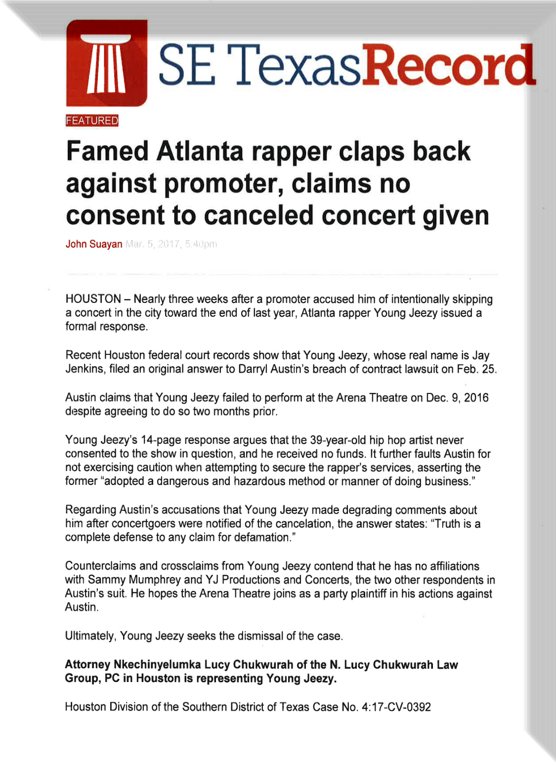 SE Texas Record article screenshot, Jeezy v. Promoter coverage